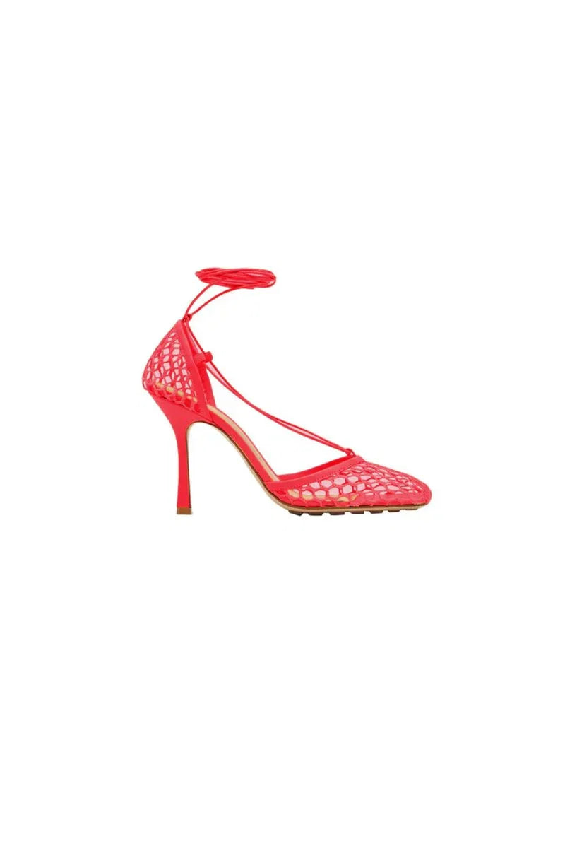Yellow Stiletto Heel Lace Up Fishnet High Heel Sandals