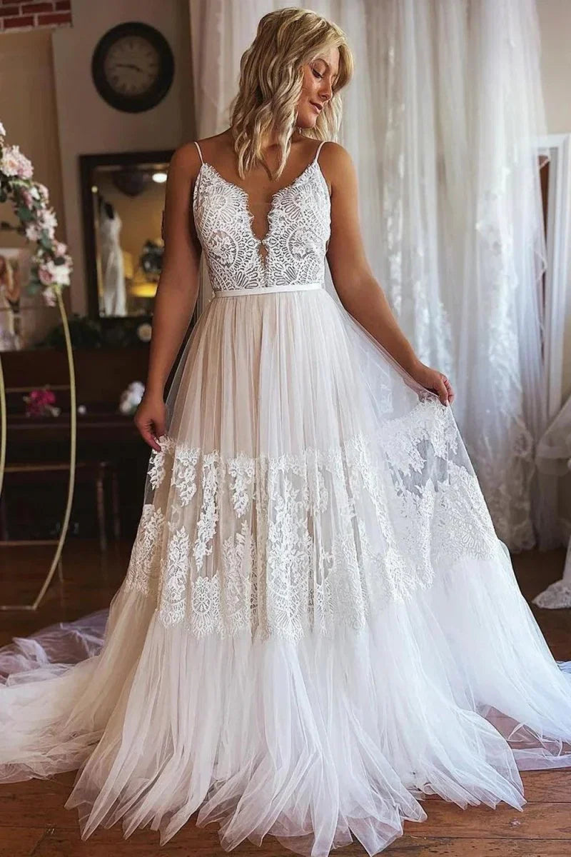 Ivory Boho A Line Long Tulle Wedding Dress with Appliques