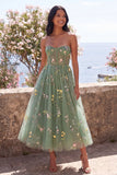 Dusty Sage A Line Sweetheart Embroidered Floral Midi Dress