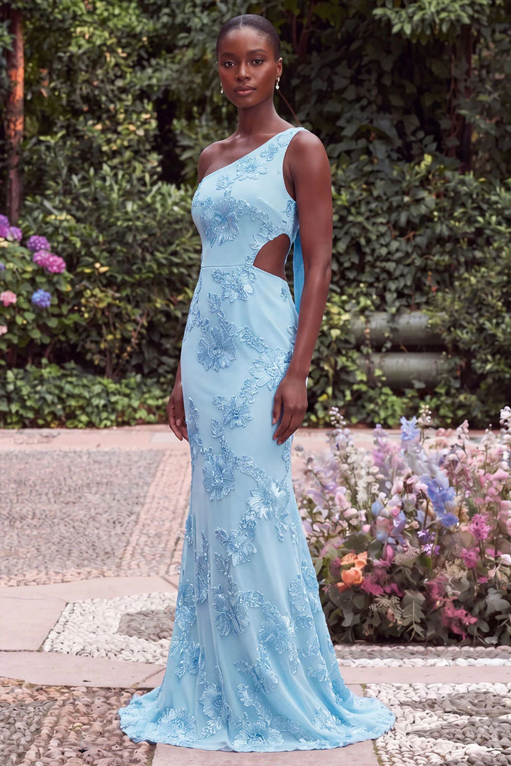 One Shoulder Mermaid Lilac Floral Embroidery Cut Out Maxi Dress with Bow