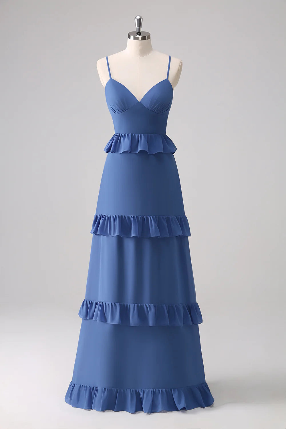 Dark Blue A Line Chiffon Tiered Long Bridesmaid Dress with Lace Up Back