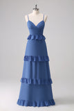 Dark Blue A Line Chiffon Tiered Long Bridesmaid Dress with Lace Up Back