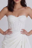 Corset Strapless Ruched Bodycon White Dress with Lace