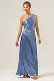 Sheath One Shoulder Pleated Keyhole Satin Long Blue Bridesmaid Dress