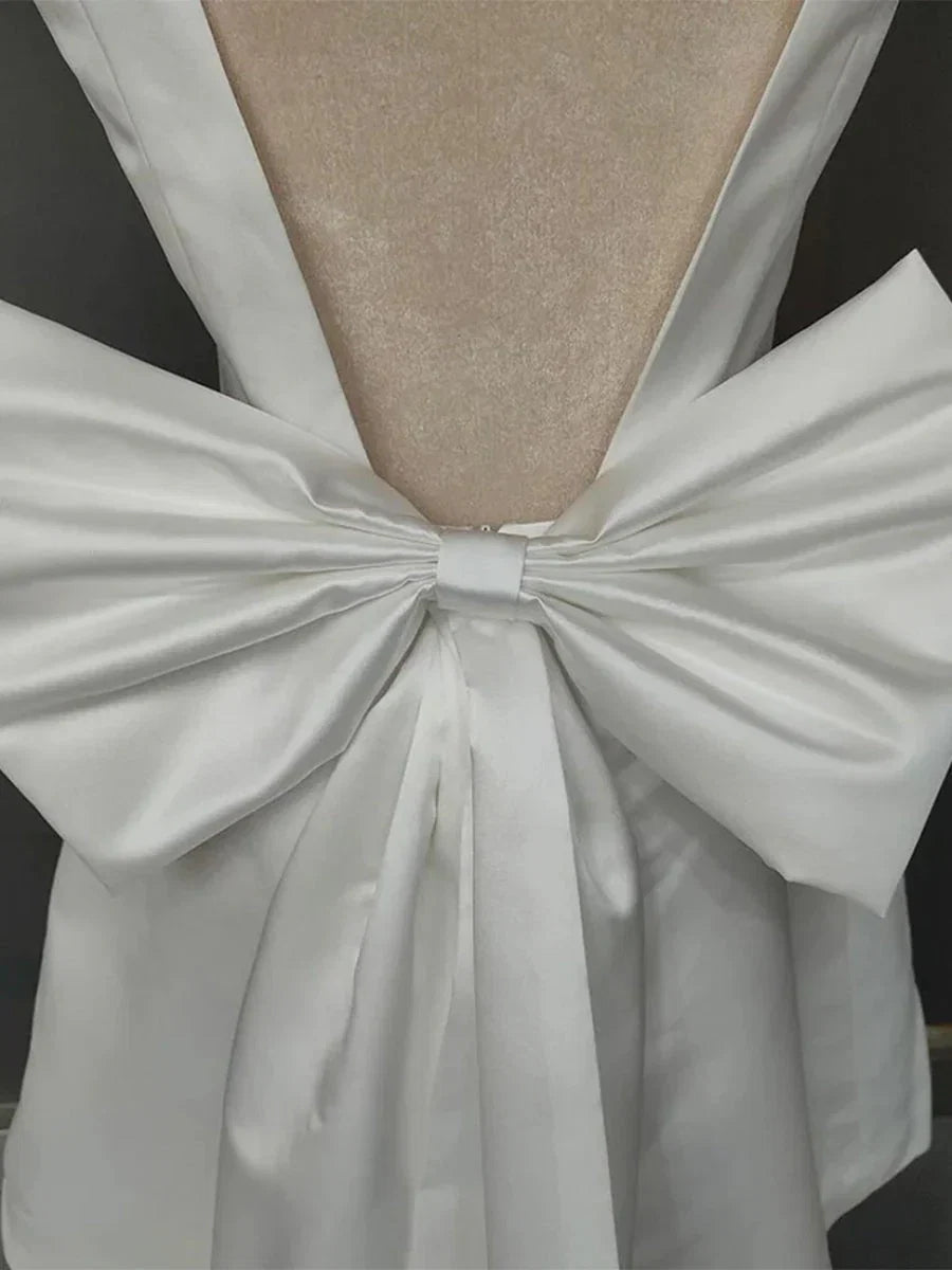 A Line Satin V Neck Short Wedding Dress with Large Bow