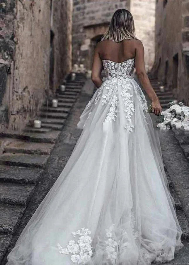 A line Tulle Skirt Floral Lace Sweetheart Wedding Dresses Backless