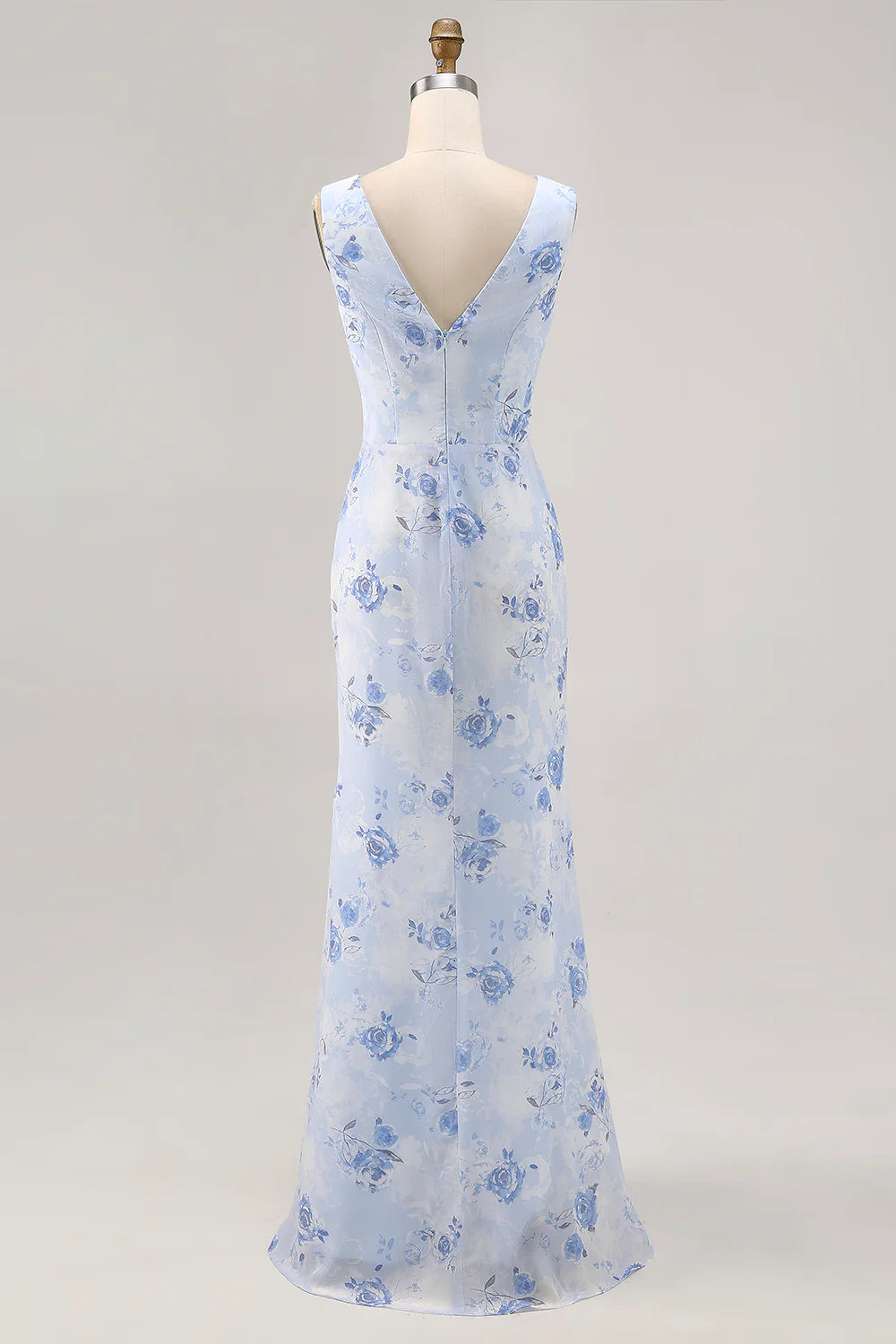 Blue Flower Sheath Printed Long Wedding Party Dress