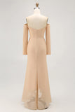 Champagne Sheath Off the Shoulder Long Bridesmaid Dress with Ruffles