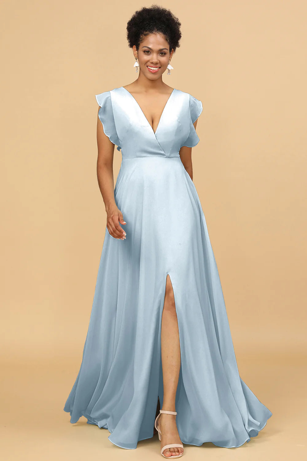 A Line V Neck Floor Length Chiffon Bridesmaid Dress with Slit