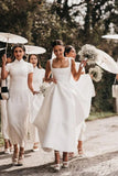 Simple A Line Square Neck White Satin Wedding Dresses