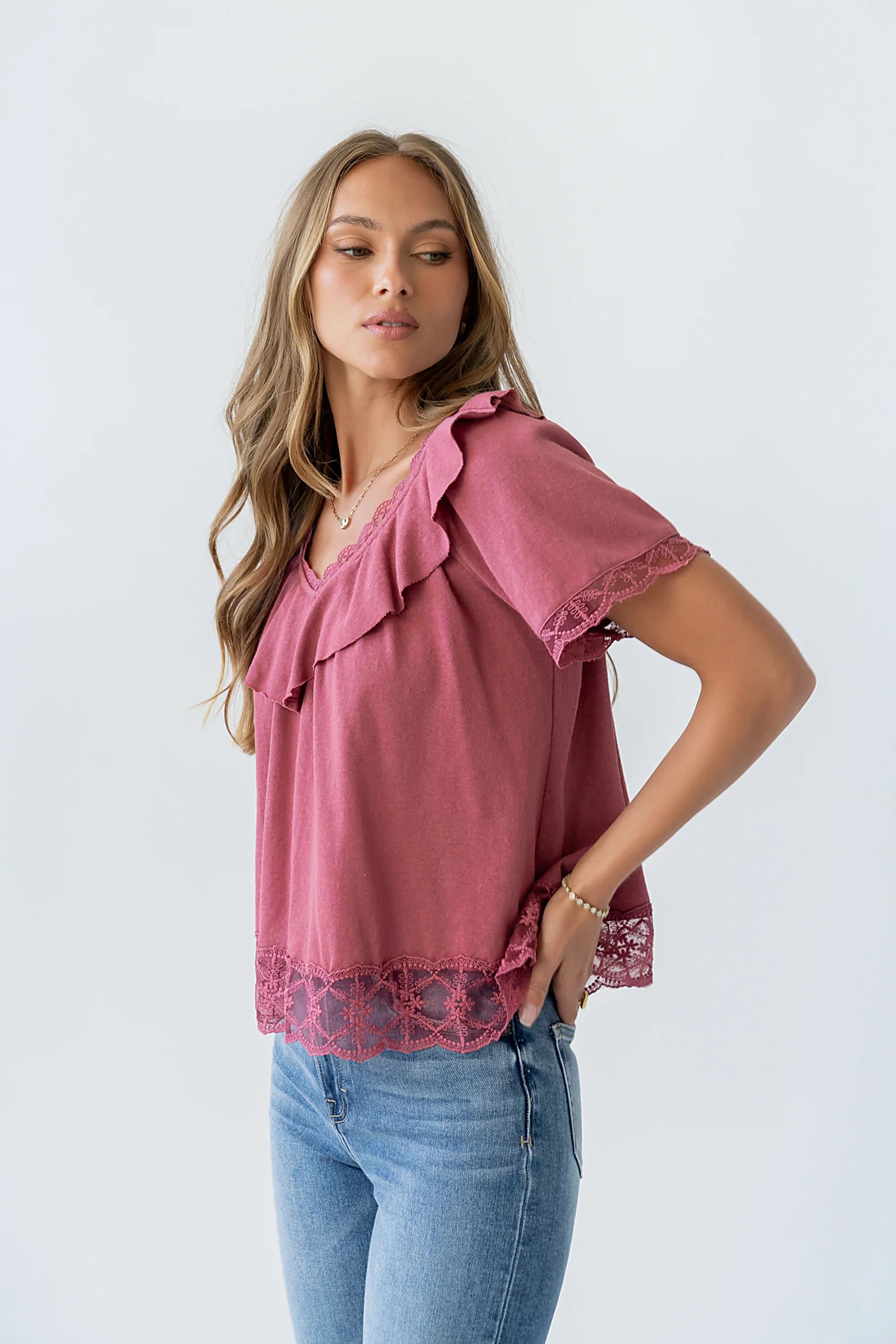 Lilian Lace Trim Top in Berry