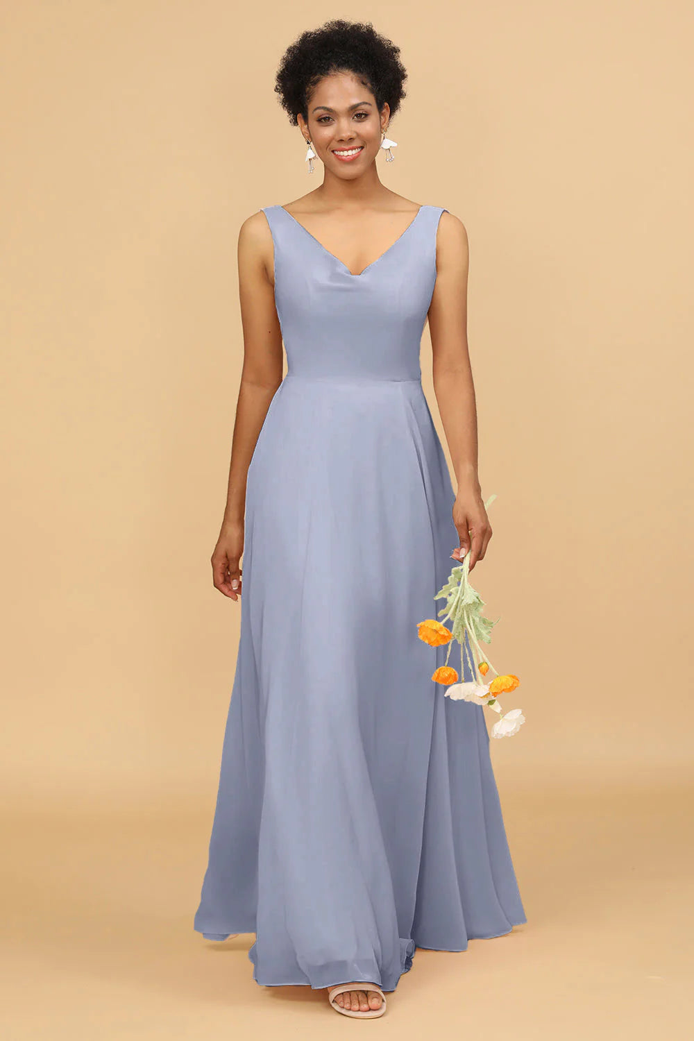 A Line V Neck Backless Chiffon Long Bridesmaid Dress