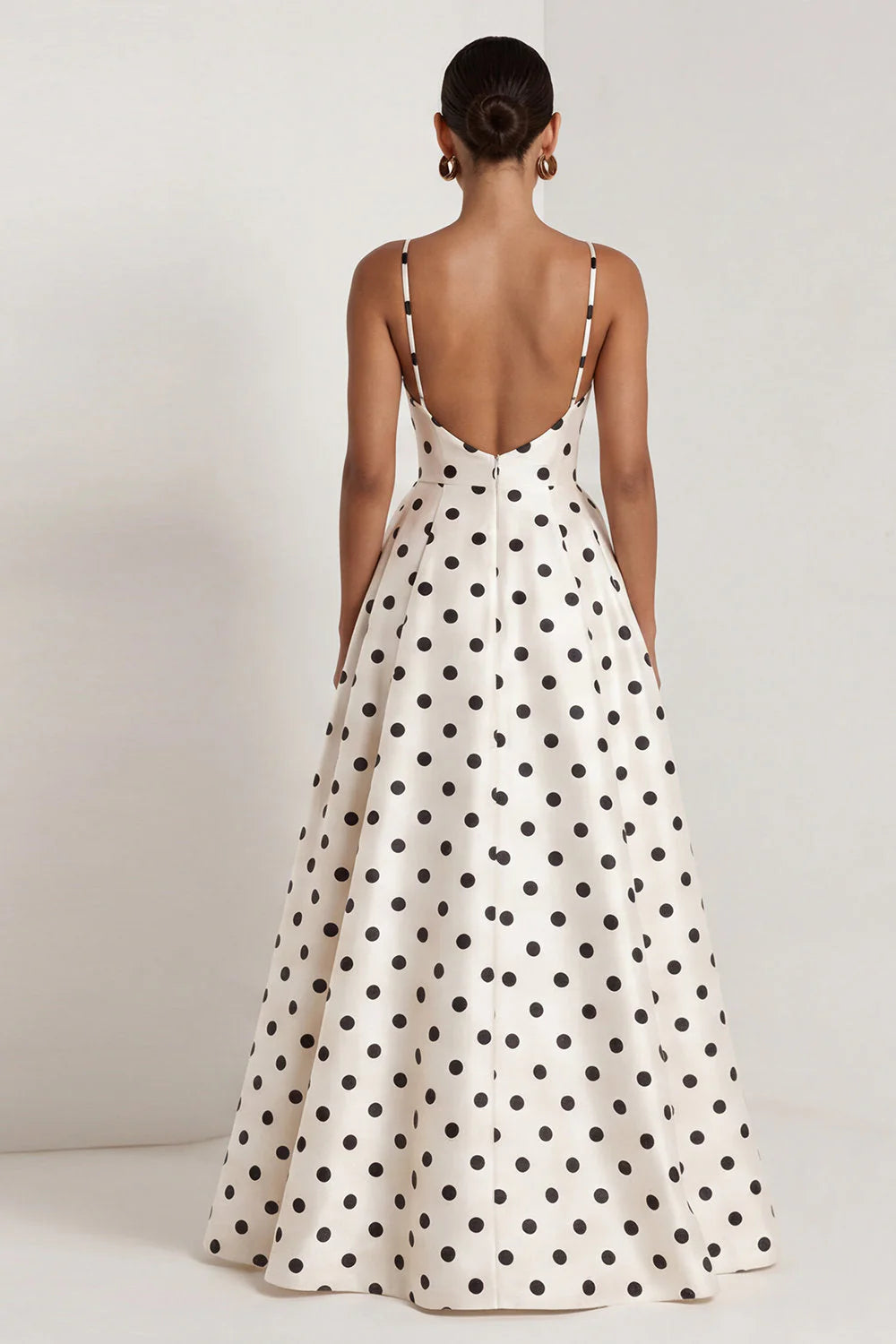 Black White Polka Dot Ruched A Line Long Formal Dress