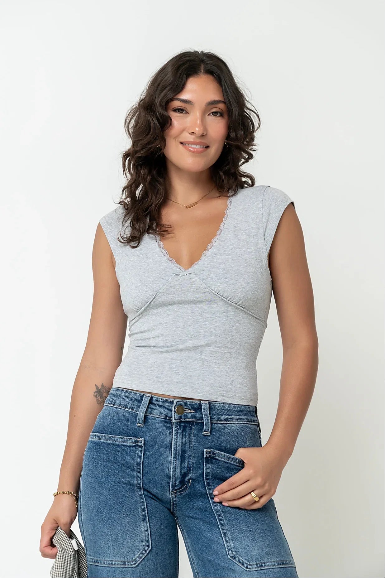Kinzey Lace Trim Top in Heather Grey