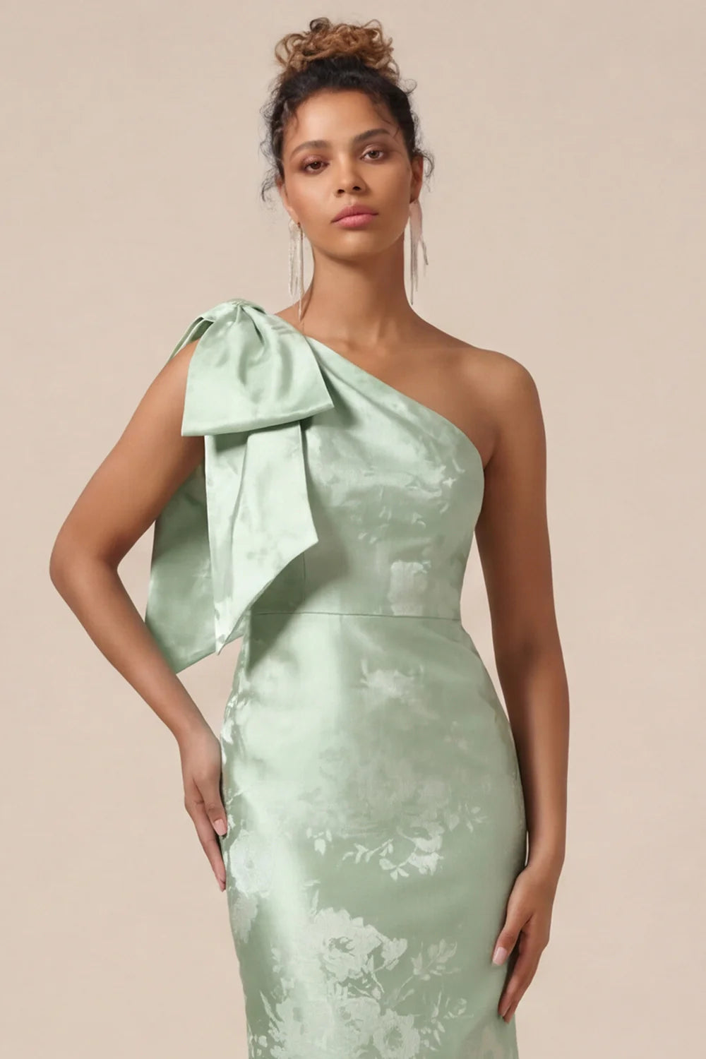 Blush Pink Mermaid One Shoulder Floral Long Bridesmaid Dress with Bow