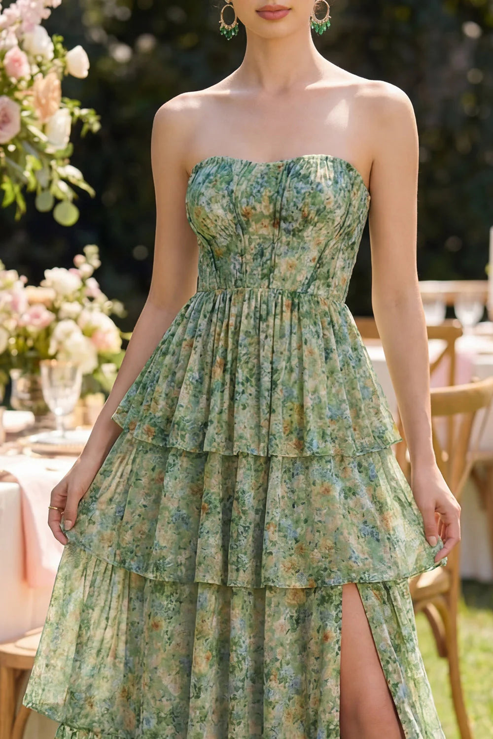 A Line Strapless Dusty Green Floral Wedding Guest Dress with Slit