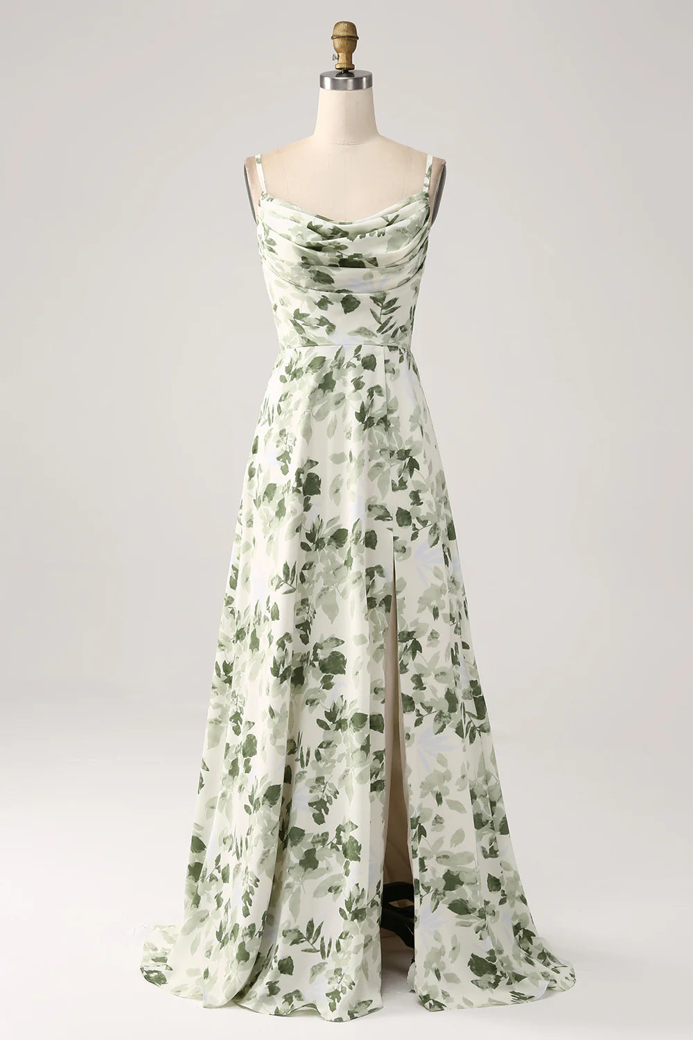 A Line Cowl Neck Printed Long Green Bridesmaid Dress With Slit