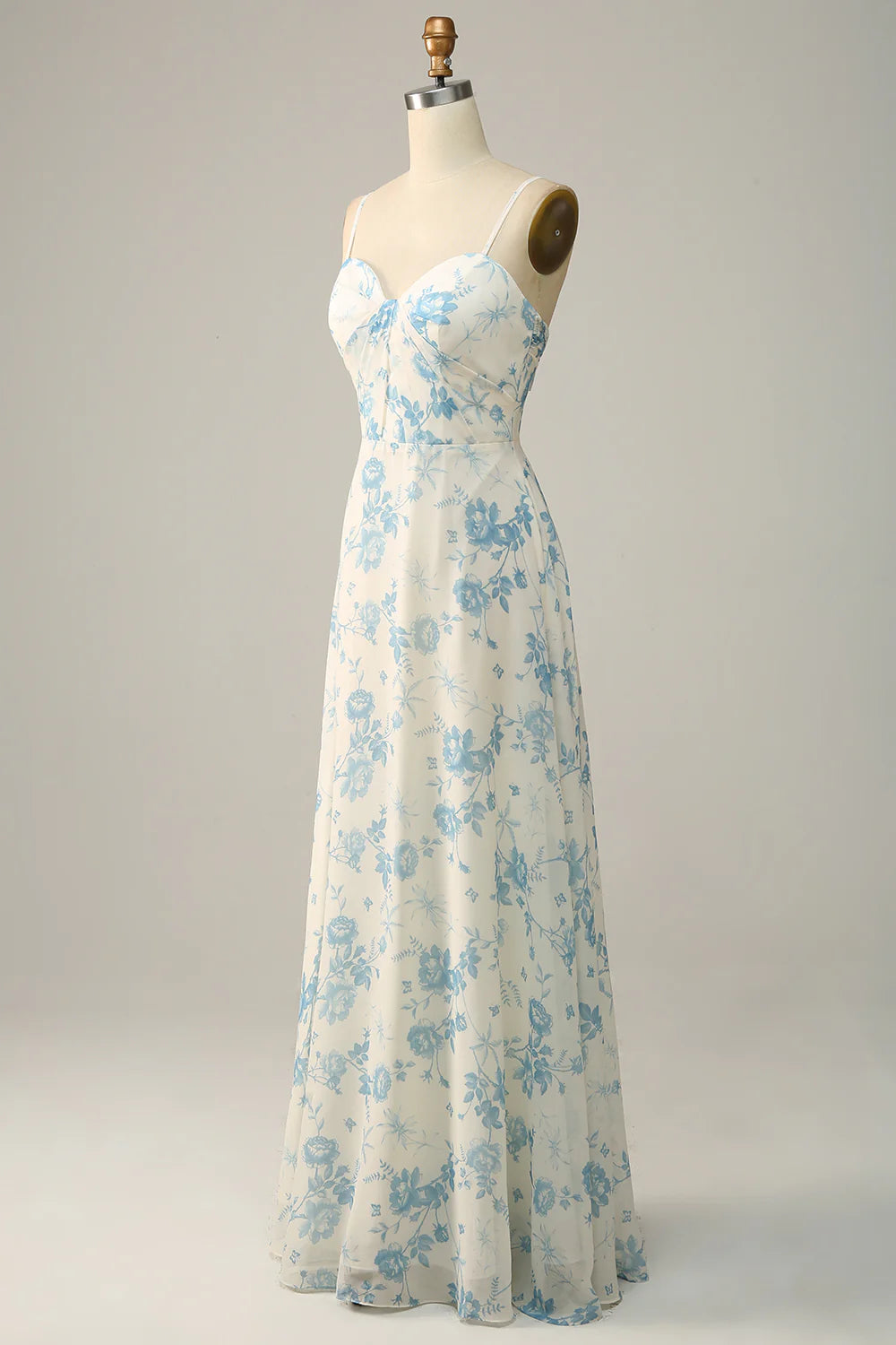 White Purple Flower A Line Spaghetti Straps Chiffon Long Bridesmaid Dress