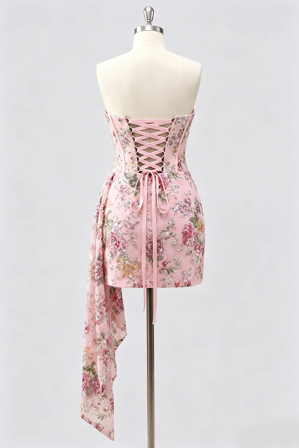 Strapless Pink Bodycon Corset Floral Sequin Homecoming Dress with Sash