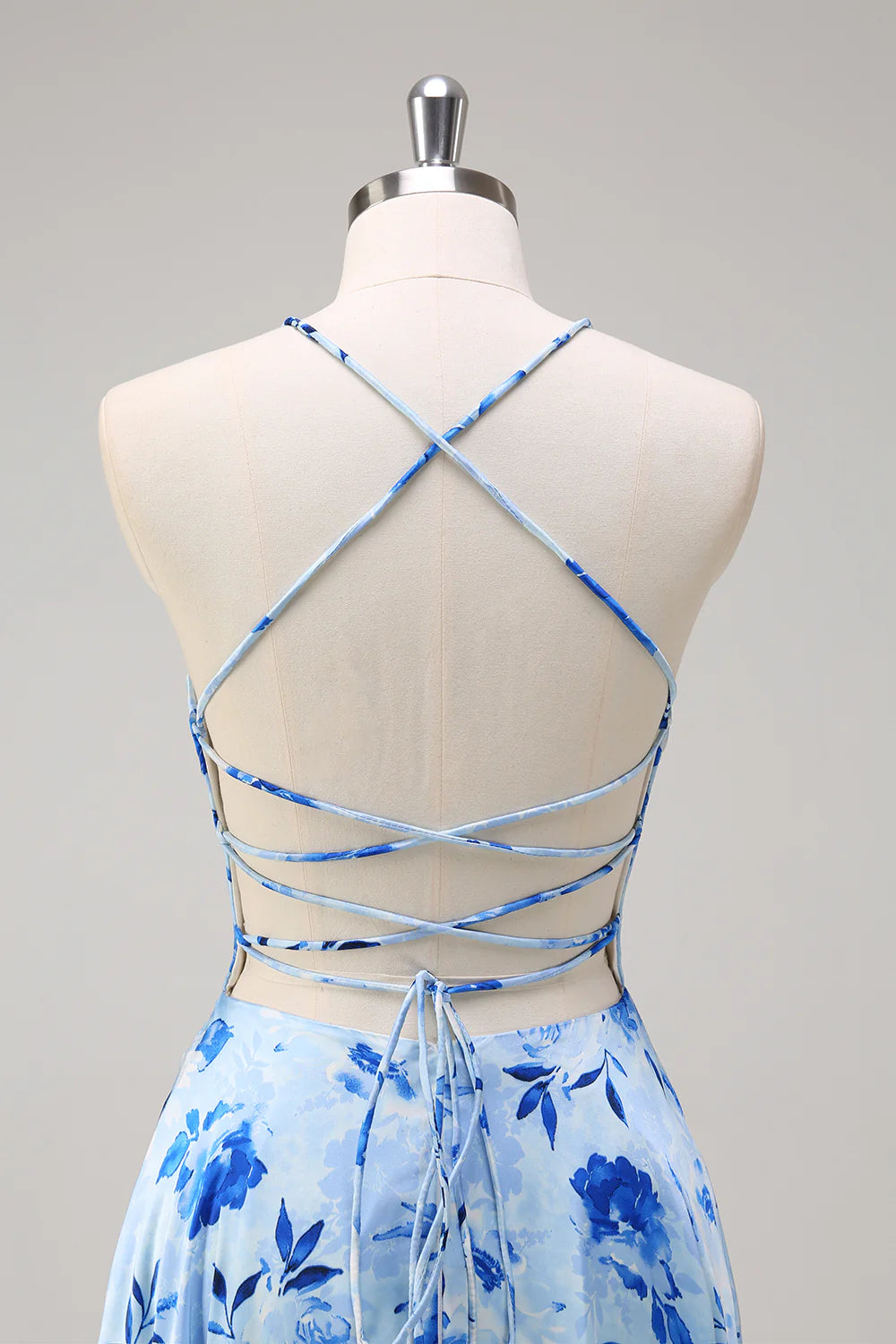 Blue A Line Spaghetti Straps Ruched Backless Long Print Bridesmaid Dress with Slit