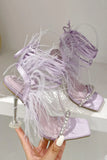 Fuchsia Strappy Stiletto Beaded High Heel Sadnals With Feather