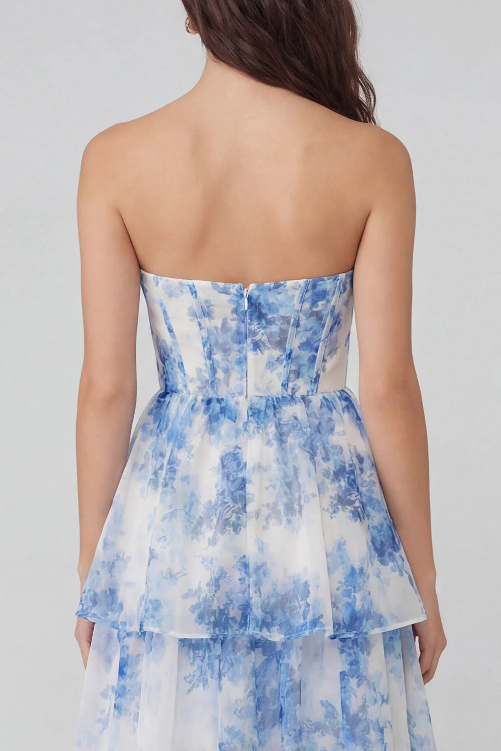 Blue Floral Strapless Corset Tiered Wedding Guest Dress