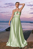 Light Green A Line Halter Satin Hollow Out Long Bridesmaid Dress with Flower