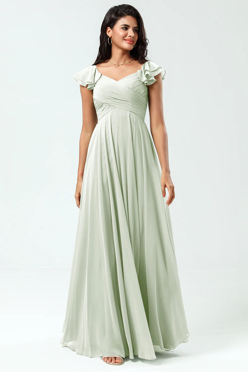 Lace Up Back Cross A Line Chiffon Bridesmaid Dress with Ruffles
