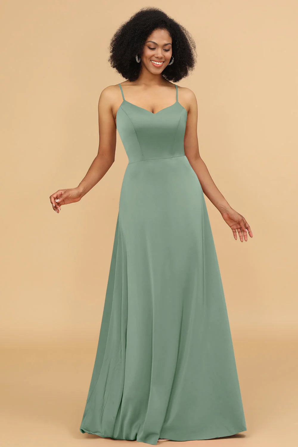 A Line Spaghetti Straps Floor Length Satin Bridesmaid Dress