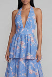Blue Halter A Line Tiered Floral Wedding Guest Dress