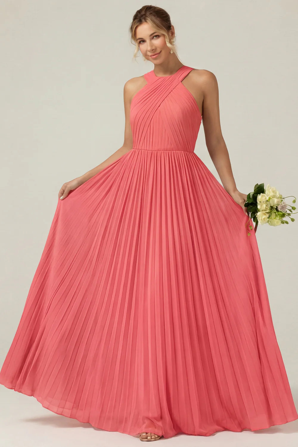 Dusty Sage A Line Halter Pleated Long Bridesmaid Dress