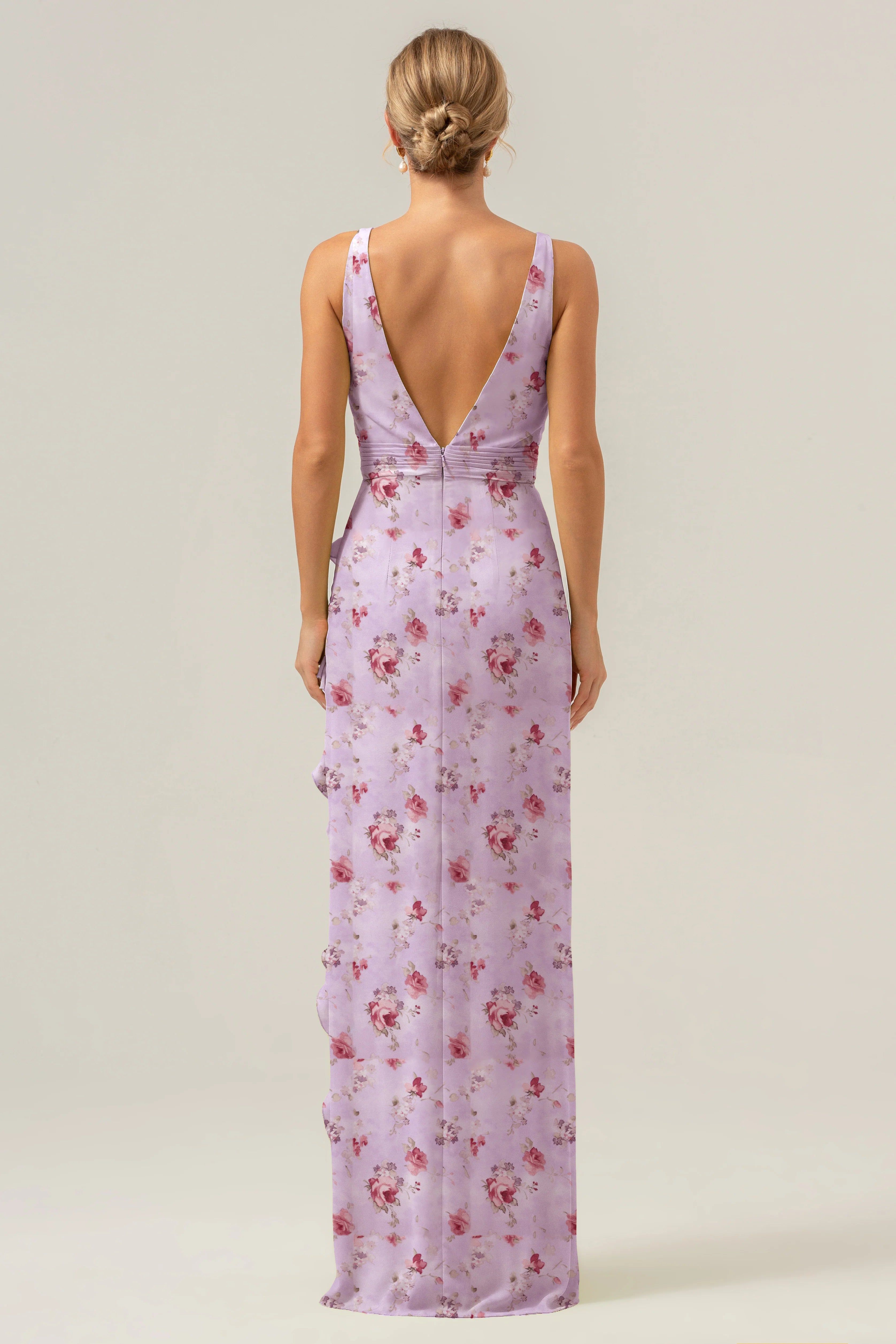 Green Large Floral Sheath V Neck Open Back Bridesmaid Dress with Ruffle Slit