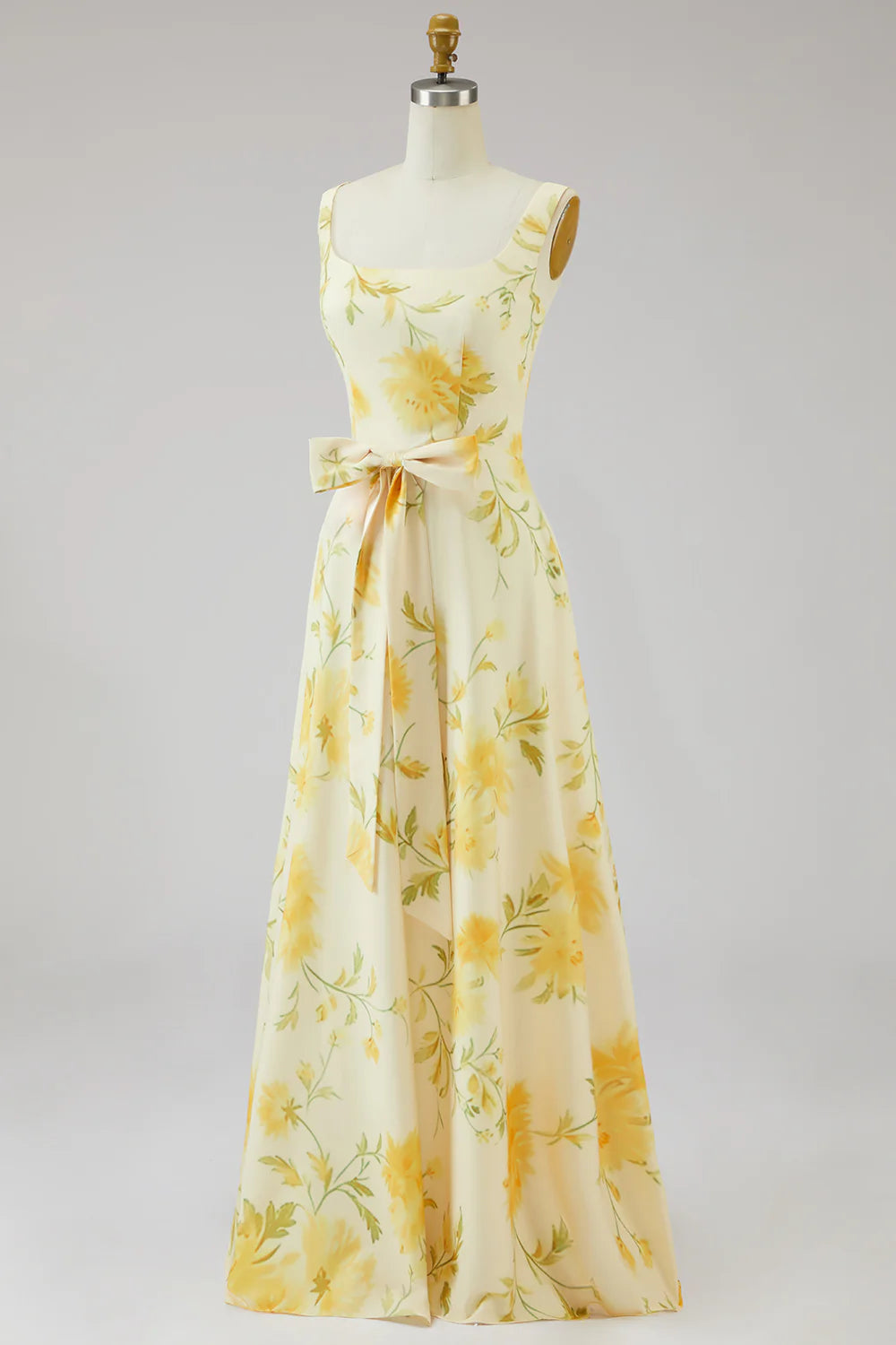 Yellow A Line Floral Bridesmaid Dress with Bow