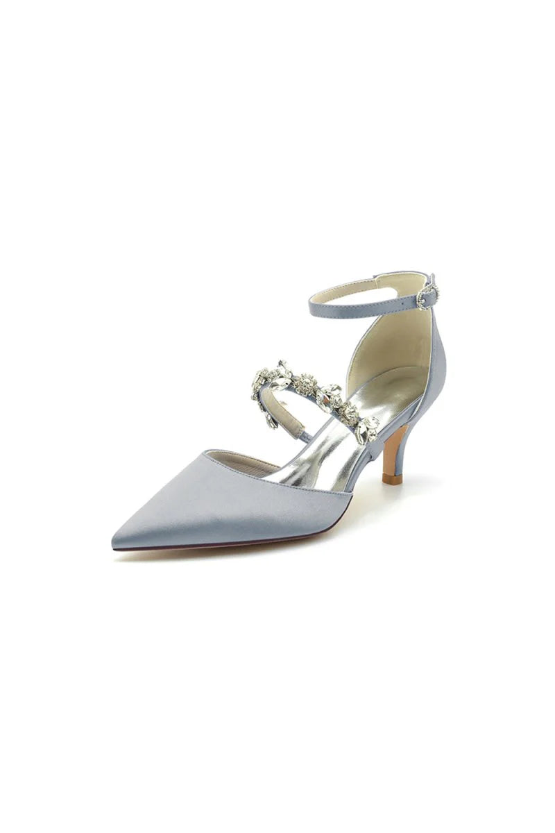 Crystal Strap Pointed Toe Satin Kitten Heels