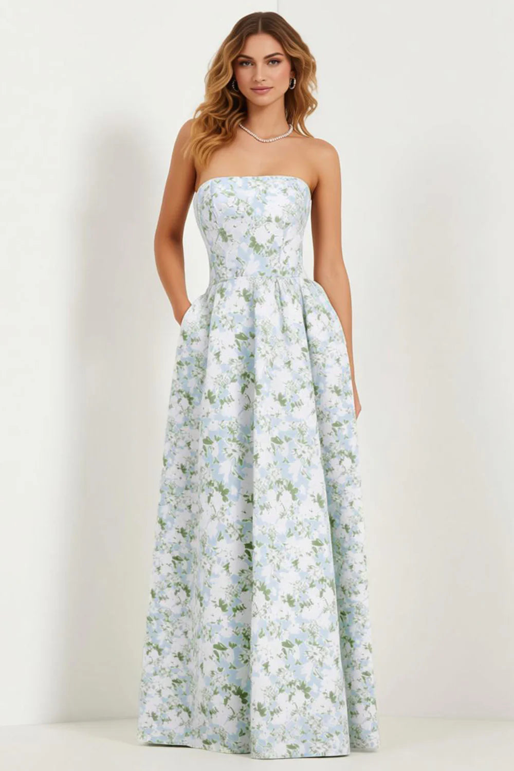 Blue Strapless Print A Line White Floral Long Satin Dress with Pockets
