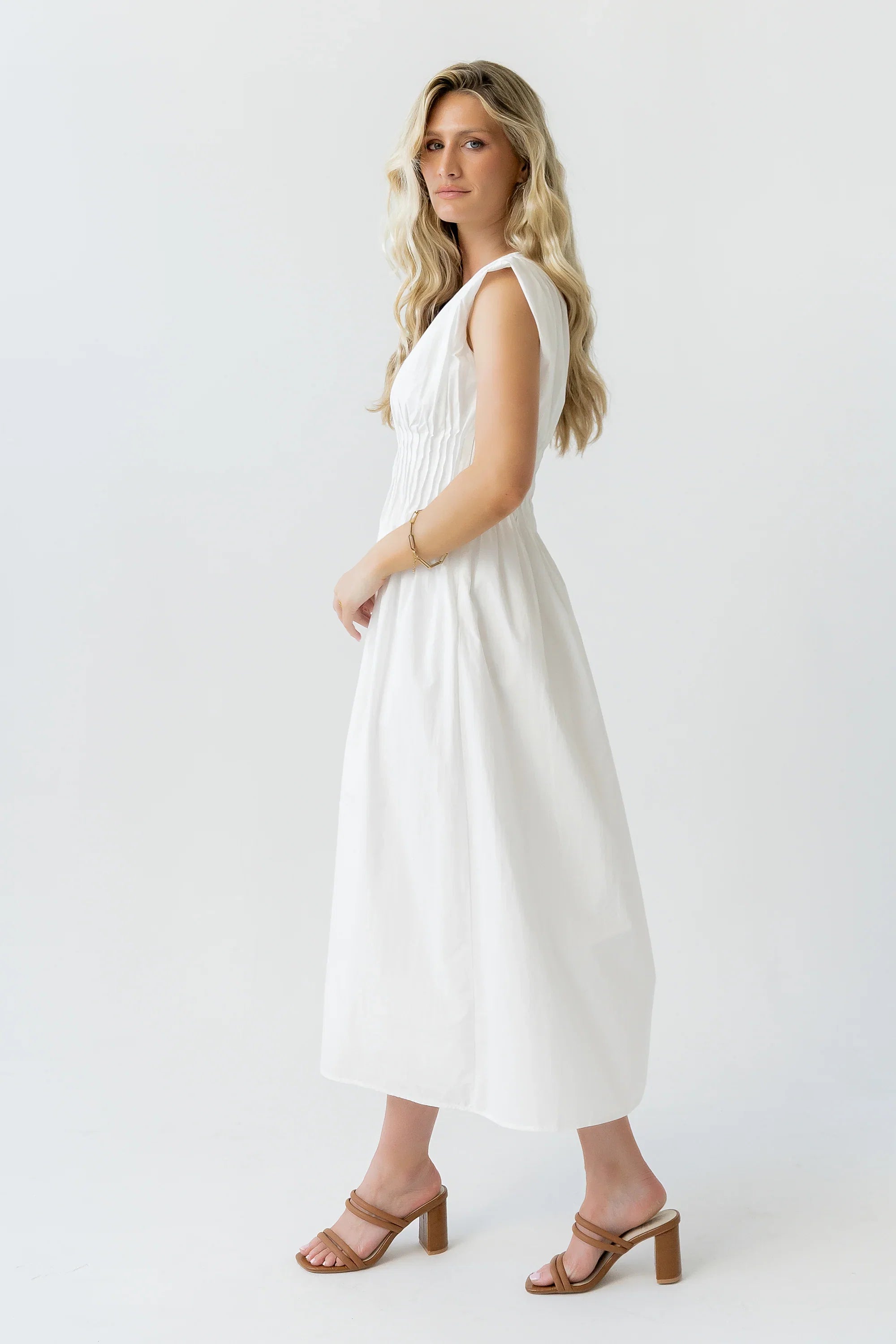 Barb Pleated Midi Dress in White