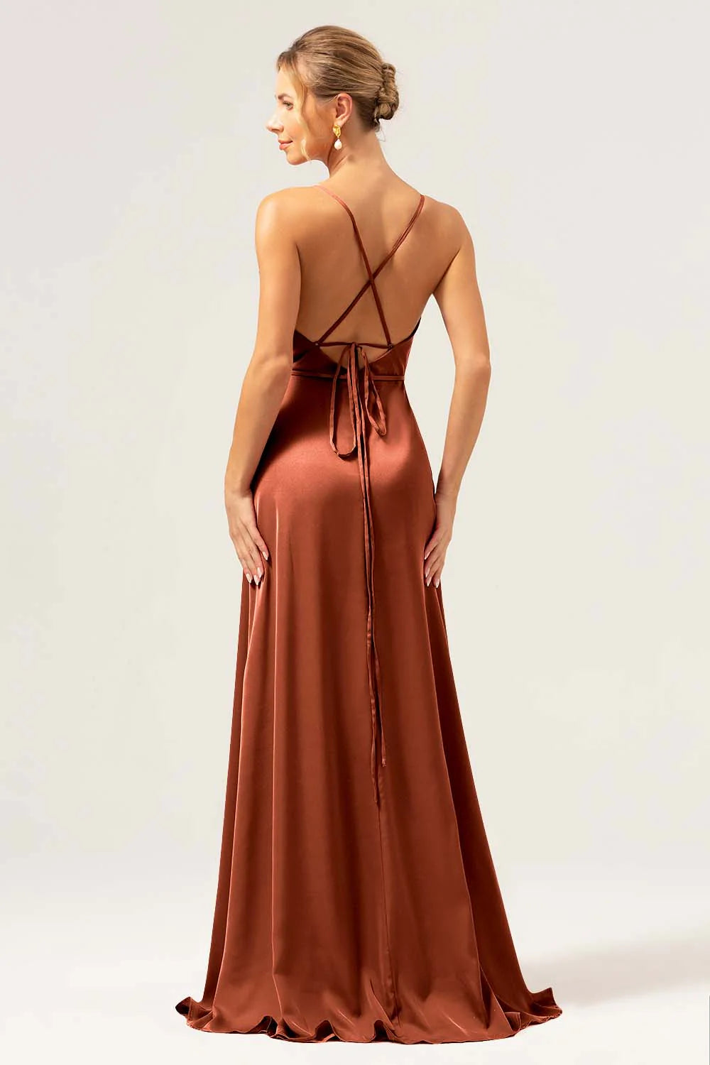 Dark Navy A Line Cowl Neck Long Satin Bridesmaid Dress with Slit