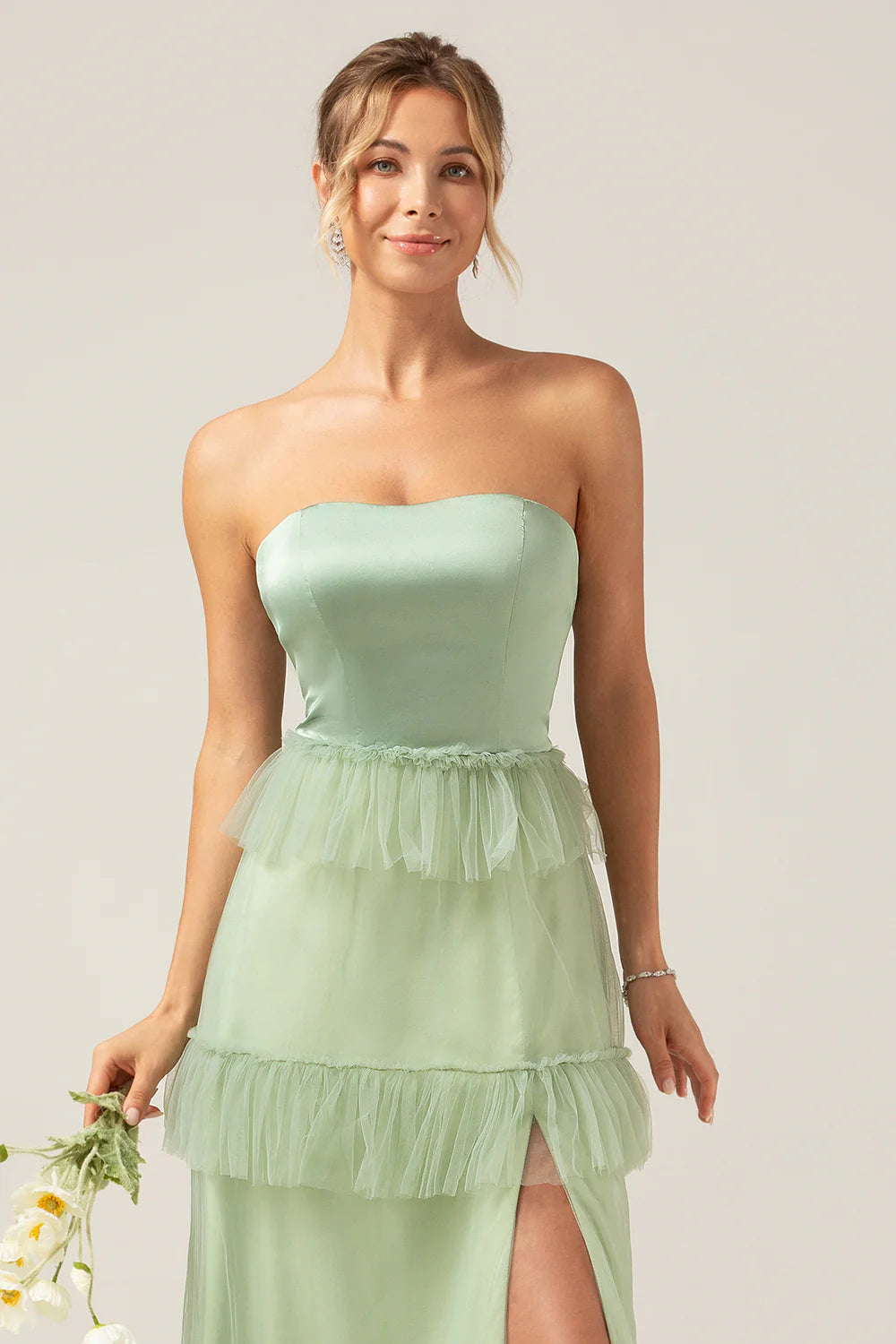 Matcha A Line Tiered Strapless Tiered Long Bridesmaid Dress With Slit