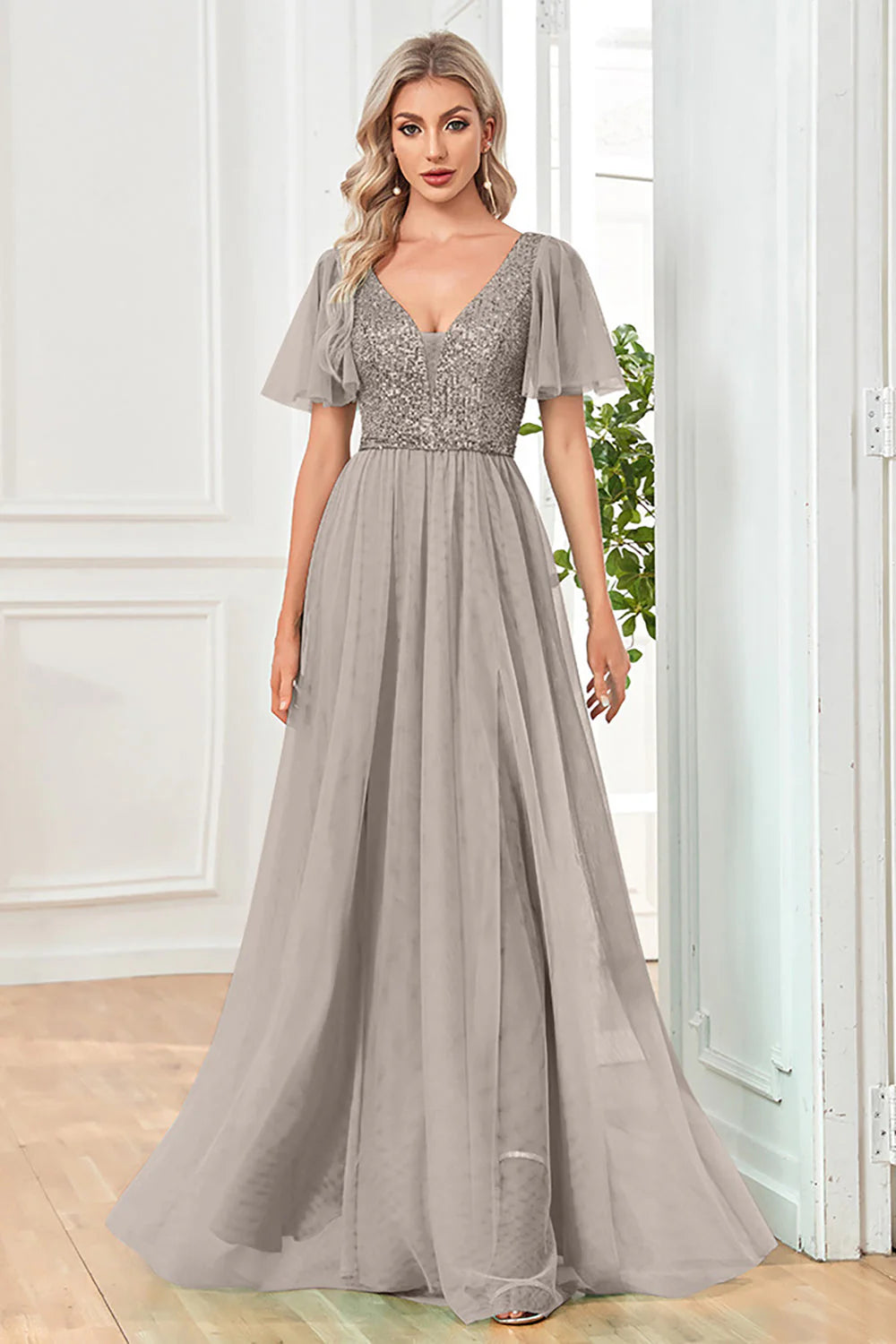 Black A Line V Neck Long Prom Dress with Sequins