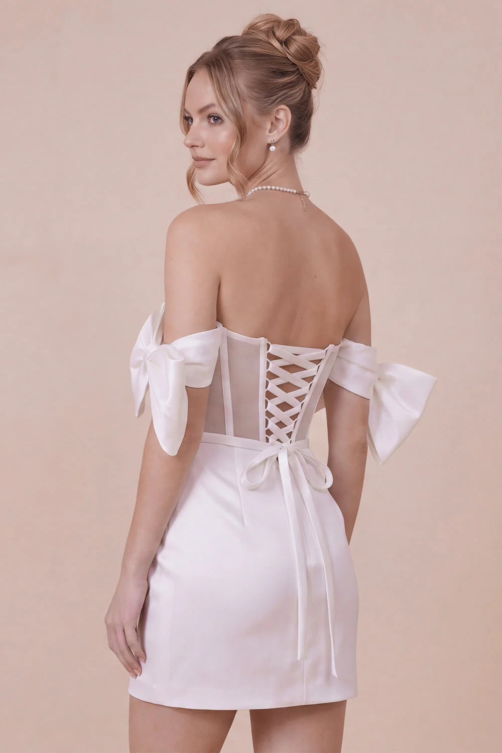 Satin Bodycon Off the Shoulder White Graduation Dress with Bows