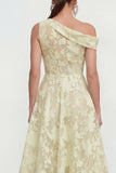 Floral Yellow Asymmetrical Neck A Line Wedding Guest Dress