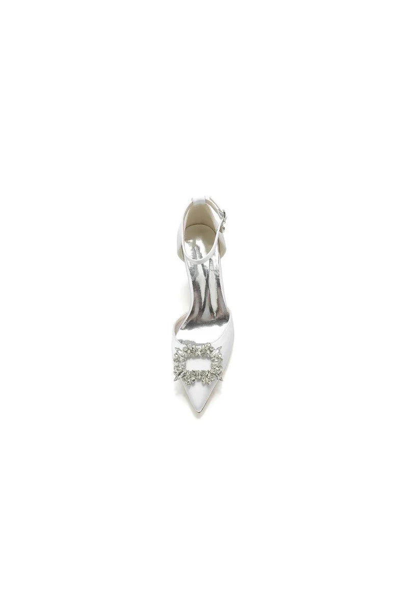 Rhinestone Pointed Toe Ankle Strap Buckle Chunky Heel