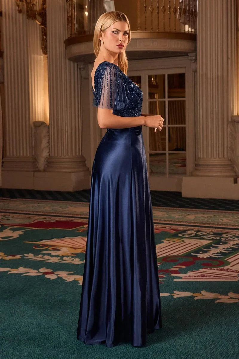 CARMINE GOWN BEADED A LINE DRESS WITH FLUTTER SLEEVES