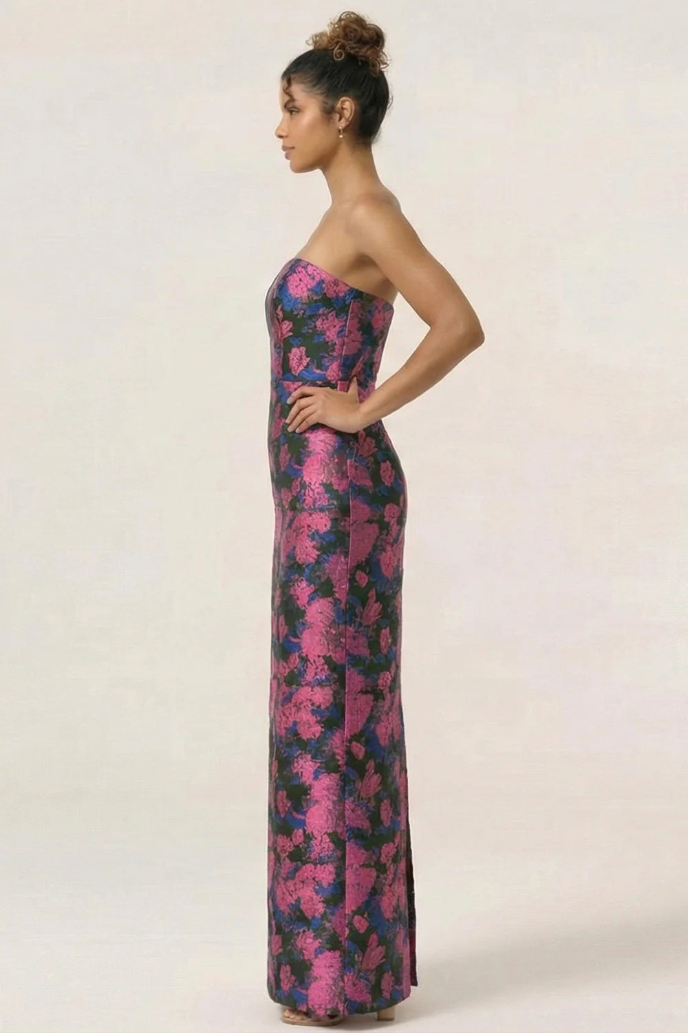 Blue Sheath Strapless White Floral Back Slit Satin Maxi Dress with Pockets