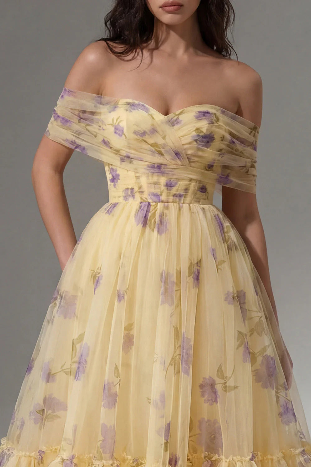 Yellow Floral Off the Shoulder Ruched A Line Wedding Guest Dress