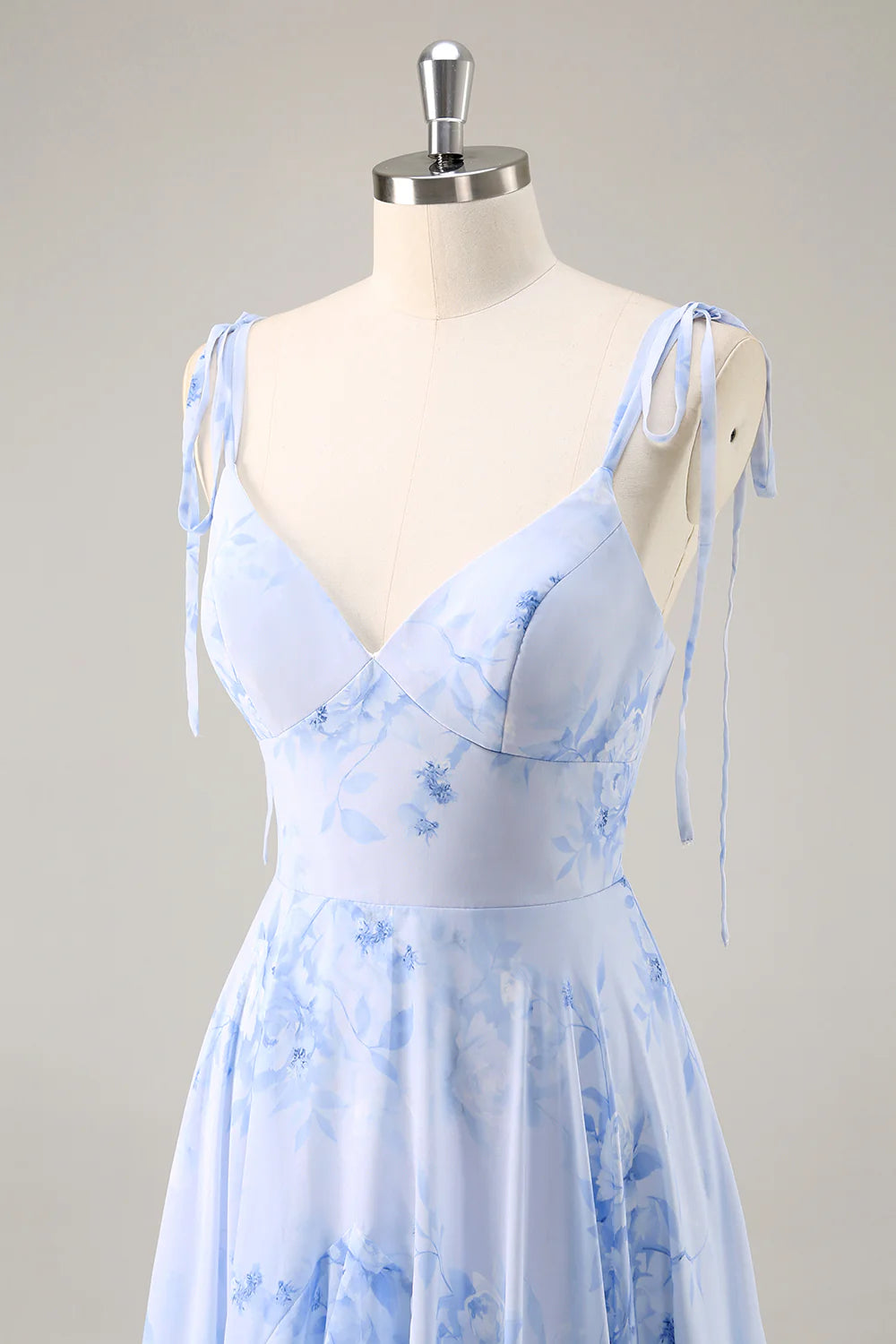 A Line Spaghetti Straps Long Blue Floral Bridesmaid Dress with Ruffles