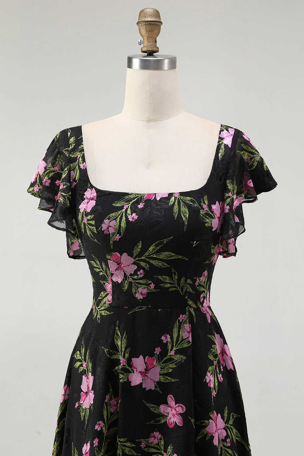 Black Pink Flower A Line Square Neck Printed Long Bridesmaid Dress with Flutter Sleeves