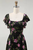 Black Pink Flower A Line Square Neck Printed Long Bridesmaid Dress with Flutter Sleeves