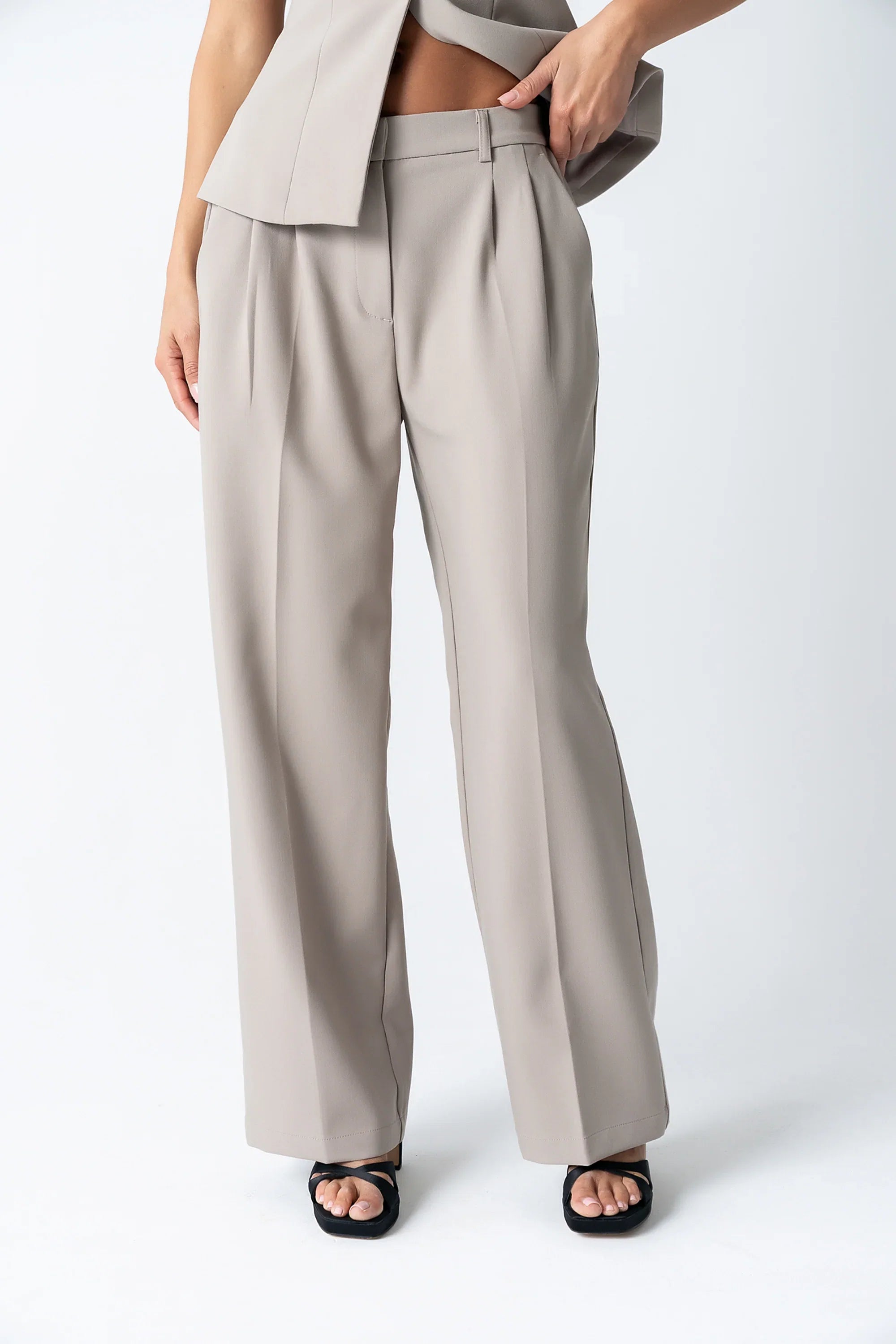 Carrie Pleated Trousers in Long Taupe