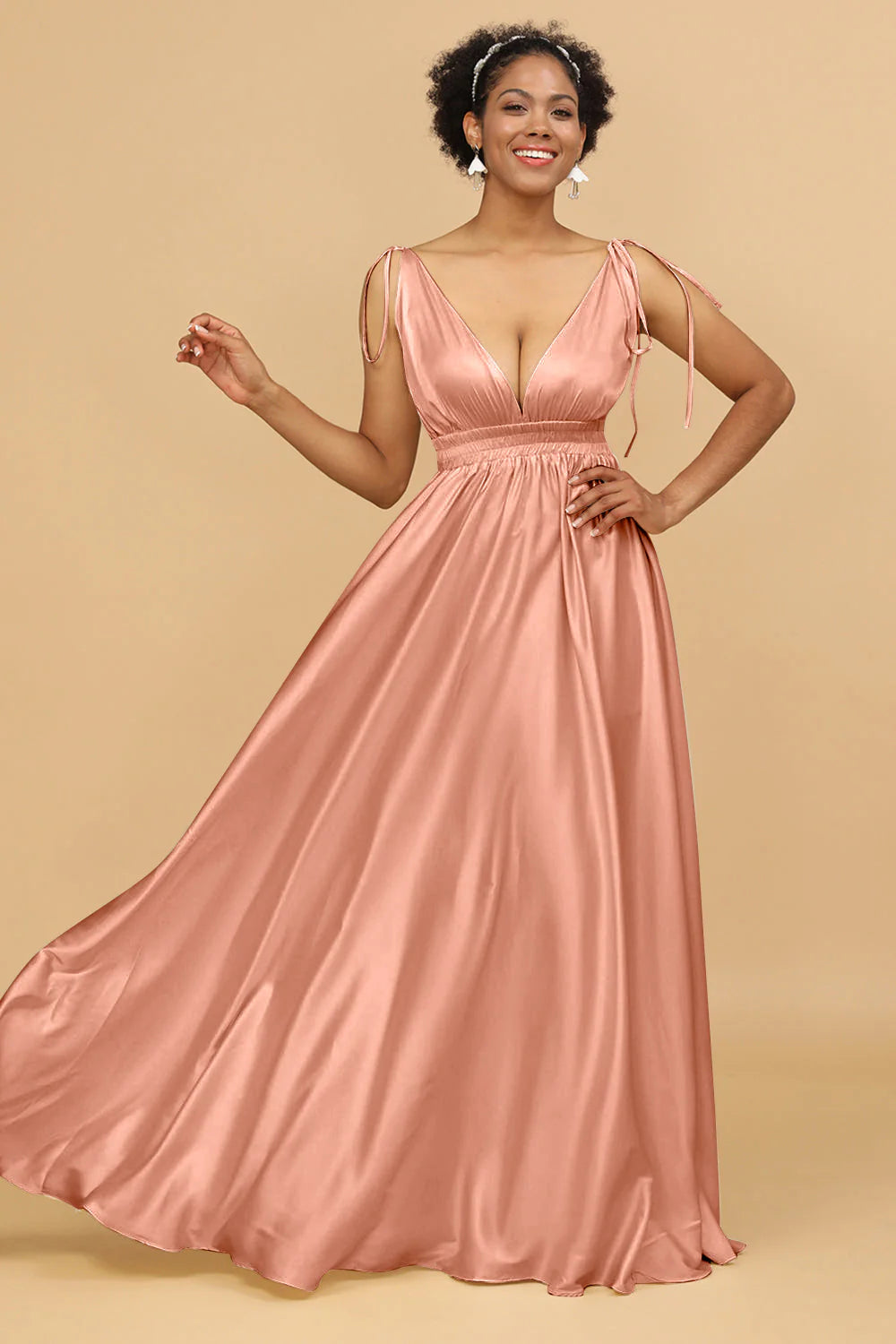 A Line Deep V Neck Backless Floor Length Bridesmaid Dress